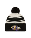 Baltimore Ravens New Era 2022 Sideline - Sport Cuffed Pom Knit Hat - Cream/Black - Pro League Sports Collectibles Inc.