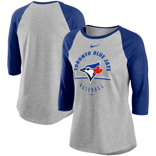 Women’s Toronto Blue Jays Encircled Nike Tri-Blend 3/4 Sleeve Raglan Gray Royal T-Shirt - Pro League Sports Collectibles Inc.