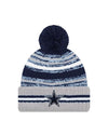 Youth Dallas Cowboys New Era 2021 NFL Sideline - Sport Official Pom Cuffed Knit Hat - Navy/Gray - Pro League Sports Collectibles Inc.