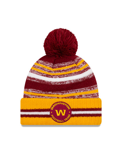 Washington W Football Team New Era 2021 NFL Sideline - Sport Official Pom Cuffed Knit Hat - Gold/Burgundy - Pro League Sports Collectibles Inc.