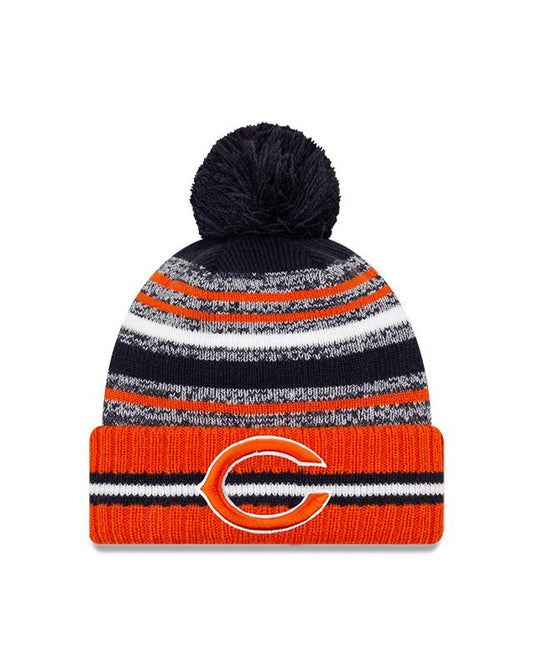 Youth Chicago Bears C Logo New Era 2021 NFL Sideline - Sport Official Pom Cuffed Knit Hat - Orange/Navy - Pro League Sports Collectibles Inc.