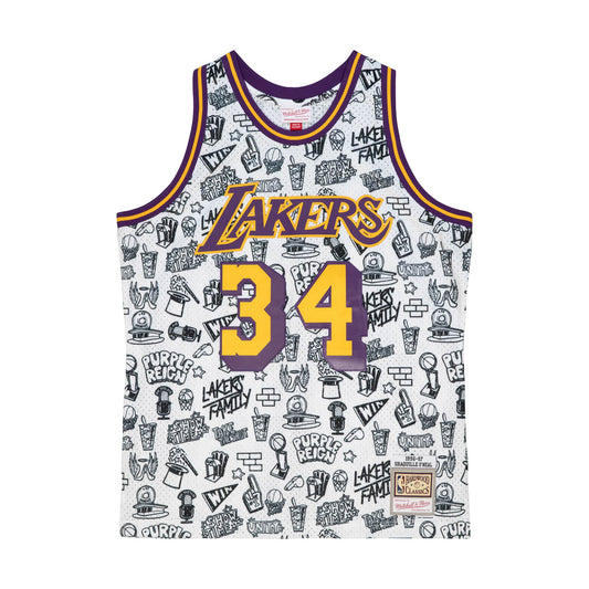 Shaquille O'Neal Los Angeles Lakers Mitchell & Ness Doodle 1996-97 Swingman White Jersey - Pro League Sports Collectibles Inc.