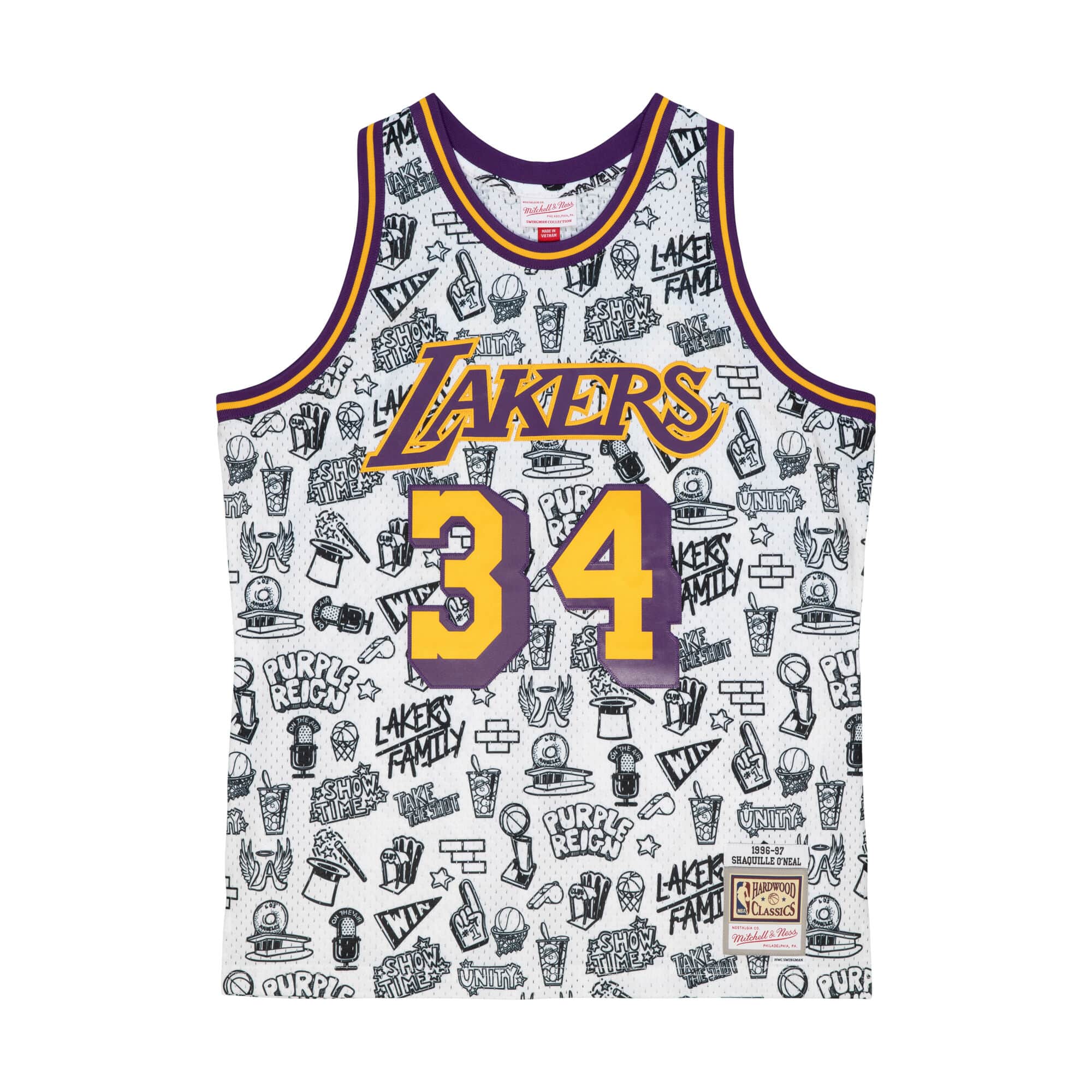 Mitchell & Ness Men's Mitchell & Ness Shaquille O'Neal White Los Angeles  Lakers 1996-97 Hardwood Classics Doodle Swingman Jersey