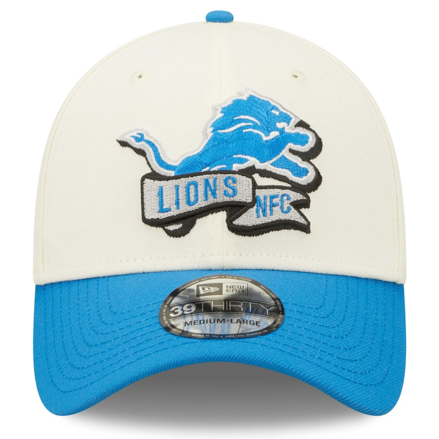 Detroit Lions 2022 Sideline New Era Cream/Blue - 39THIRTY 2-Tone Flex Hat - Pro League Sports Collectibles Inc.