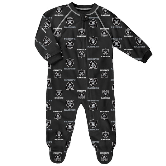 Infant Las Vegas Raiders Raglan Zip-Up Black Coverall Sleeper - Pro League Sports Collectibles Inc.