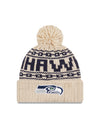 Women's Seattle Seahawks New Era 2021 NFL Sideline Pom Cuffed Knit Hat - Natural - Pro League Sports Collectibles Inc.