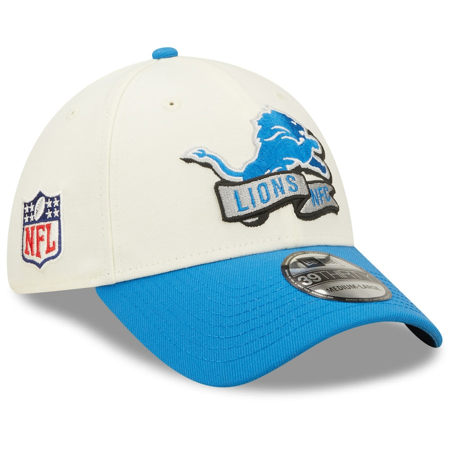 Detroit Lions 2022 Sideline New Era Cream/Blue - 39THIRTY 2-Tone Flex Hat - Pro League Sports Collectibles Inc.