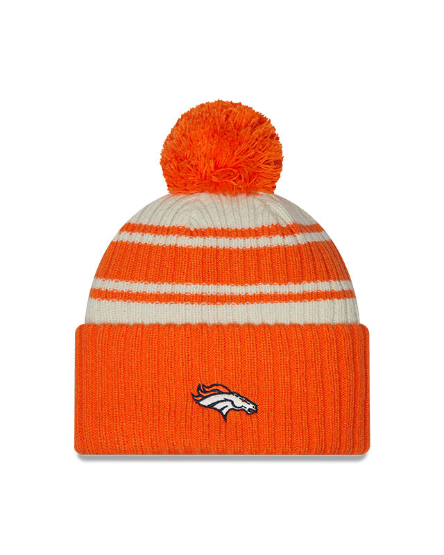 Denver Broncos New Era 2022 Sideline - Sport Cuffed Pom Knit Hat - Cream/Orange - Pro League Sports Collectibles Inc.