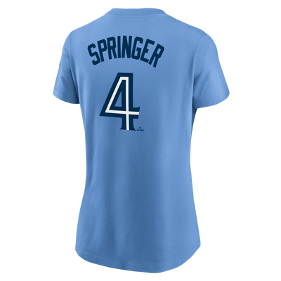 Women's Toronto Blue Jays George Springer #4 Nike Powder Blue Horizon Name and Number T-Shirt - Pro League Sports Collectibles Inc.