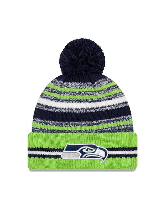 Youth Seattle Seahawks New Era 2021 NFL Sideline - Sport Official Pom Cuffed Knit Hat - Neon/Navy - Pro League Sports Collectibles Inc.