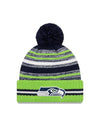 Youth Seattle Seahawks New Era 2021 NFL Sideline - Sport Official Pom Cuffed Knit Hat - Neon/Navy - Pro League Sports Collectibles Inc.