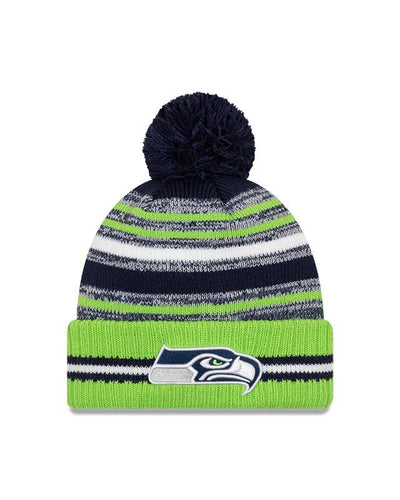 Youth Seattle Seahawks New Era 2021 NFL Sideline - Sport Official Pom Cuffed Knit Hat - Neon/Navy - Pro League Sports Collectibles Inc.