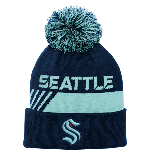 Youth Seattle Kraken Locker Room Beanie Cuff Knit Pom Toque - Pro League Sports Collectibles Inc.