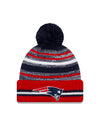 New England Patriots New Era 2021 NFL Sideline - Sport Official Pom Cuffed Knit Hat - Red/Navy - Pro League Sports Collectibles Inc.