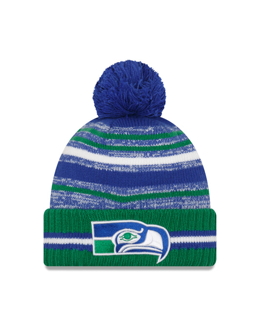 Seattle Seahawks Alt New Era 2021 NFL Sideline - Sport Official Pom Cuffed Knit Hat - Neon/Navy - Pro League Sports Collectibles Inc.