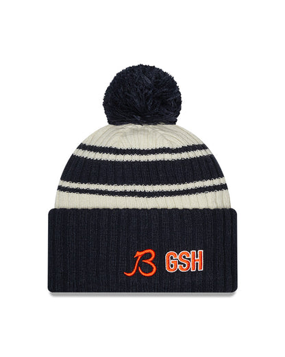 Chicago Bears "B" New Era 2022 Sideline - Sport Cuffed Pom Knit Hat - Cream/Navy - Pro League Sports Collectibles Inc.