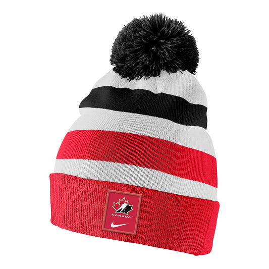 Women's Team Canada 2020 Nike Striped Cuff Beanie Knit Pom Pom Toque - Pro League Sports Collectibles Inc.