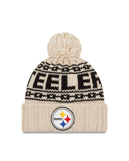 Women's Pittsburgh Steelers New Era 2021 NFL Sideline Pom Cuffed Knit Hat - Natural - Pro League Sports Collectibles Inc.