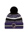 Baltimore Ravens New Era 2021 NFL Sideline - Sport Official Pom Cuffed Knit Hat - Purple/Black - Pro League Sports Collectibles Inc.