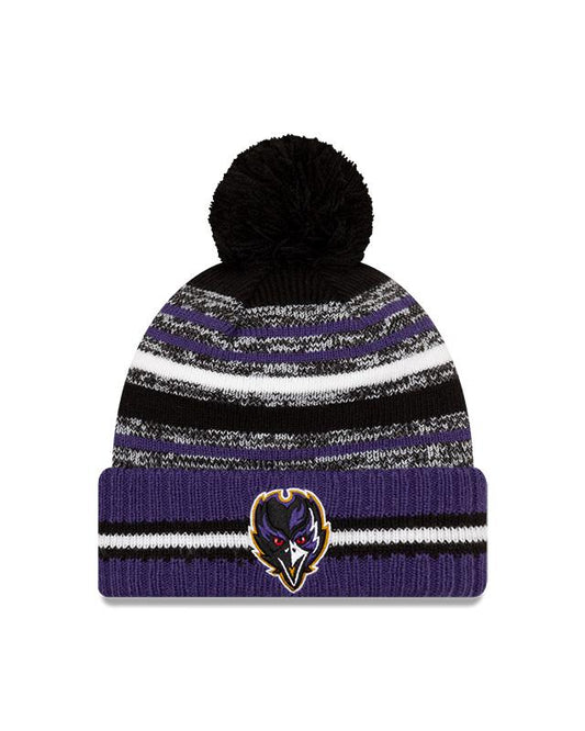 Youth Baltimore Ravens New Era 2021 NFL Sideline - Sport Official Pom Cuffed Knit Hat - Purple/Black - Pro League Sports Collectibles Inc.