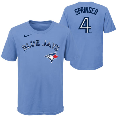 Toddler Toronto Blue Jays George Springer #4 Nike Powder Blue Horizon Name & Number T-Shirt - Pro League Sports Collectibles Inc.