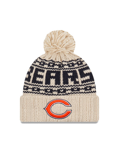 Women's Chicago Bears C Logo New Era 2021 NFL Sideline Pom Cuffed Knit Hat - Natural - Pro League Sports Collectibles Inc.