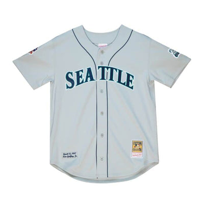 Ken Griffey #42 Jackie Robinson 50th Patch Seattle Mariners Mitchell & Ness 1997 Authentic Cooperstown Collection Road Jersey - Pro League Sports Collectibles Inc.