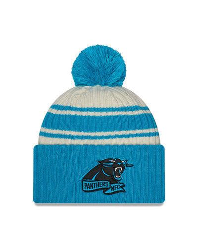 Carolina Panthers New Era 2022 Sideline - Sport Cuffed Pom Knit Hat - Cream/Blue - Pro League Sports Collectibles Inc.
