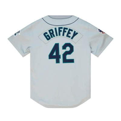 Ken Griffey #42 Jackie Robinson 50th Patch Seattle Mariners Mitchell & Ness 1997 Authentic Cooperstown Collection Road Jersey - Pro League Sports Collectibles Inc.